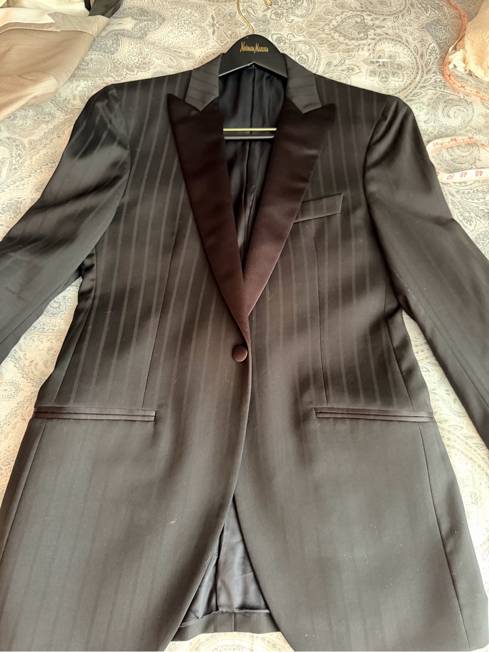 TWIST Men's Black Pinstripe Tuxedo Jacket with Satin Lapel